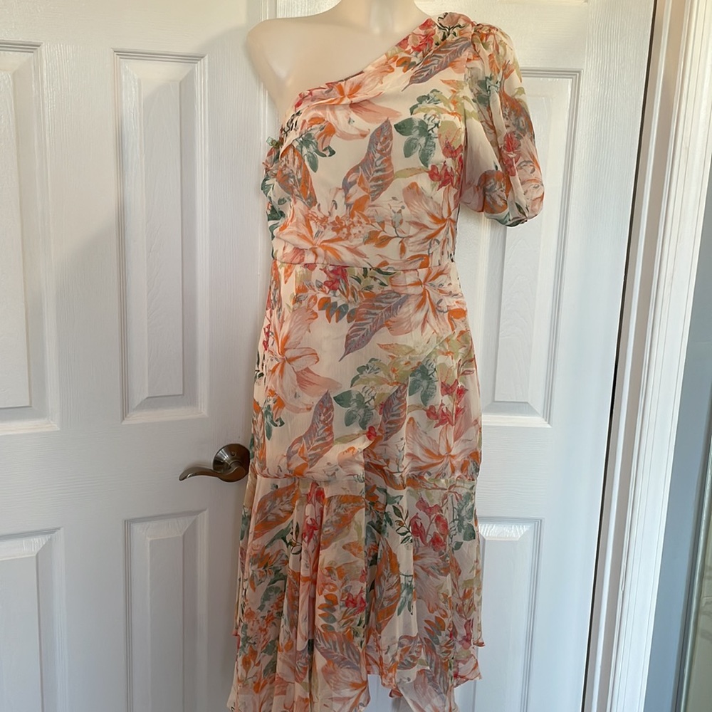 NWT SWEET LEMON boutique brand one shoulder handkerchief bottom midi DRESS MED